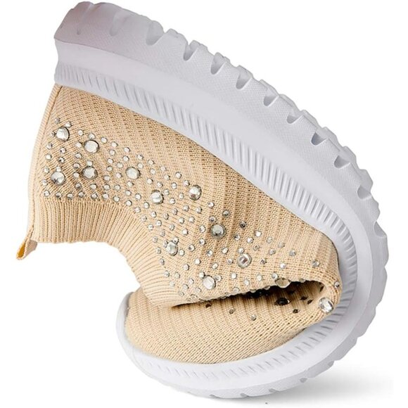 Women's Mesh Walking Shoes Rhinestone Glitter Slip On Ballroom Sneakers Khaki - Picture 4 of 6